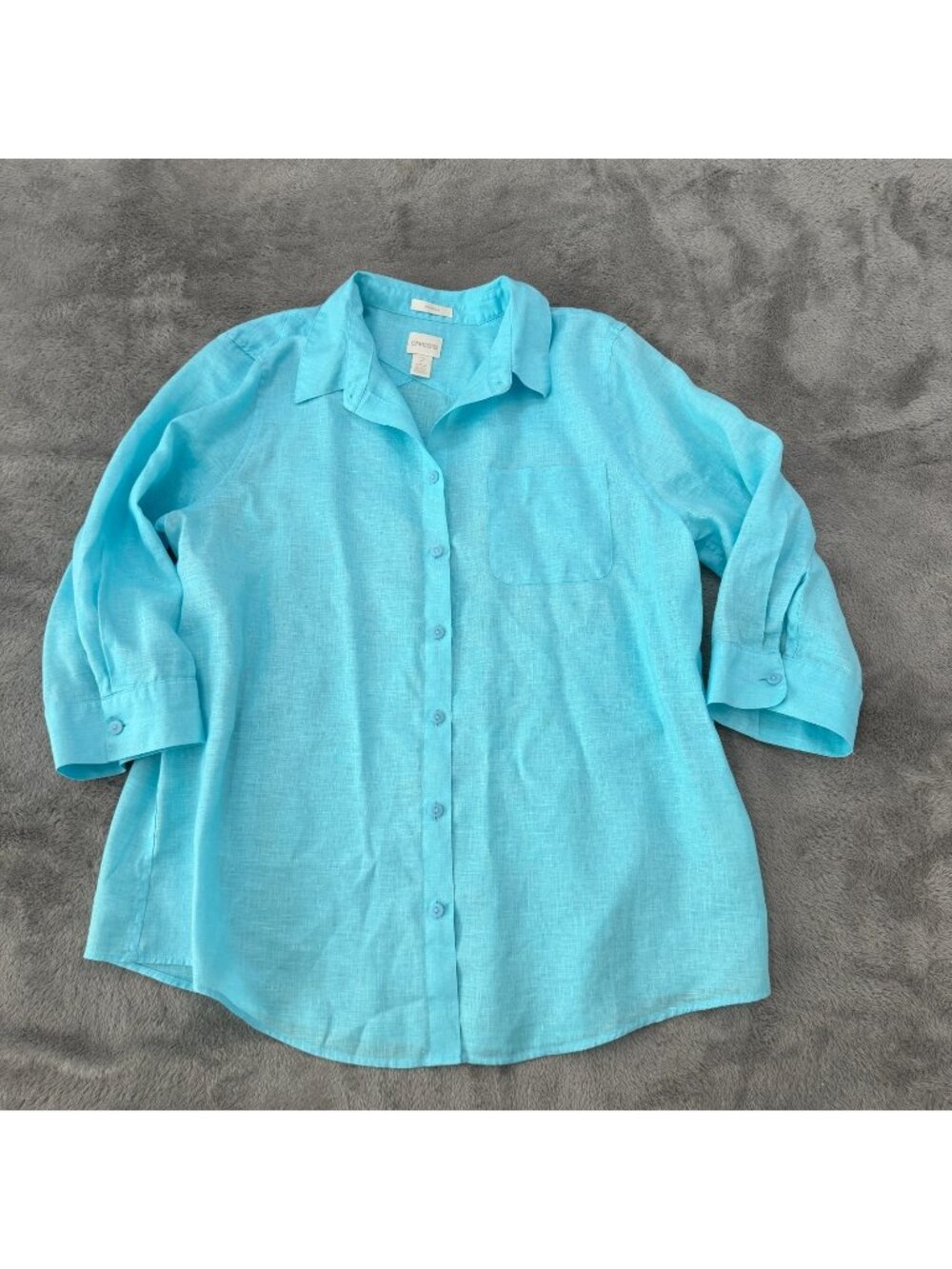 Chico's No Iron 100% Linen Button Up Blouse Shirt Blue Womens 2 LARGE